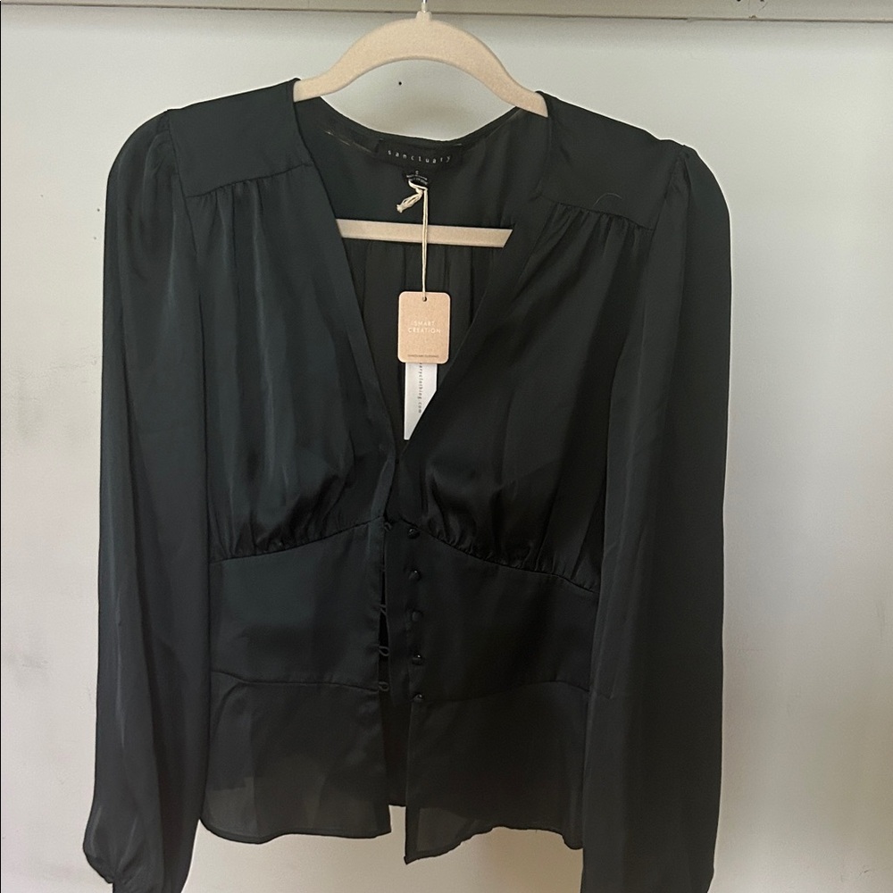 Sanctuary Green Silk-Look Button Front Blouse